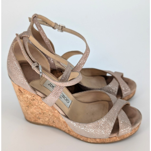 Jimmy Choo Alanah Cork Metallic Pink Suede Platform Wedge Sandals 8.5 Glam - Picture 8 of 15